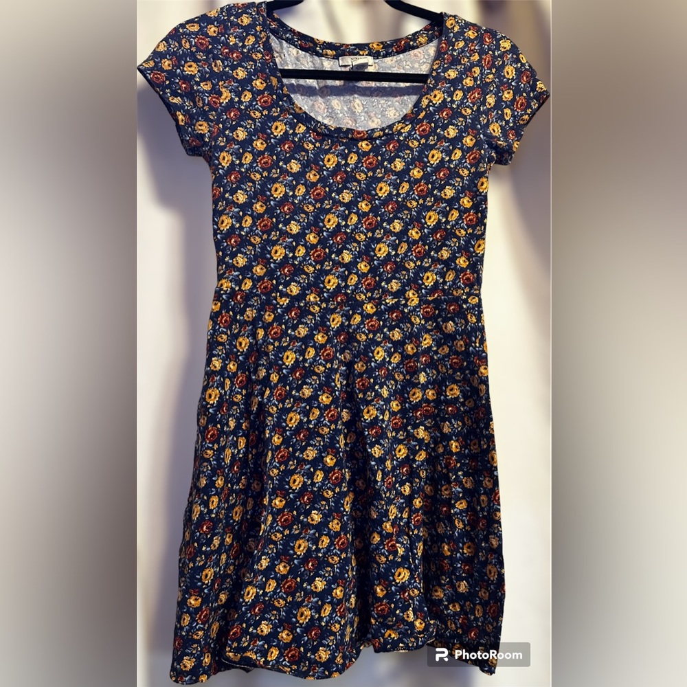 Forever 21 Blue, Red, and Yellow Flower Fall Skater Style Dress. Size Medium.